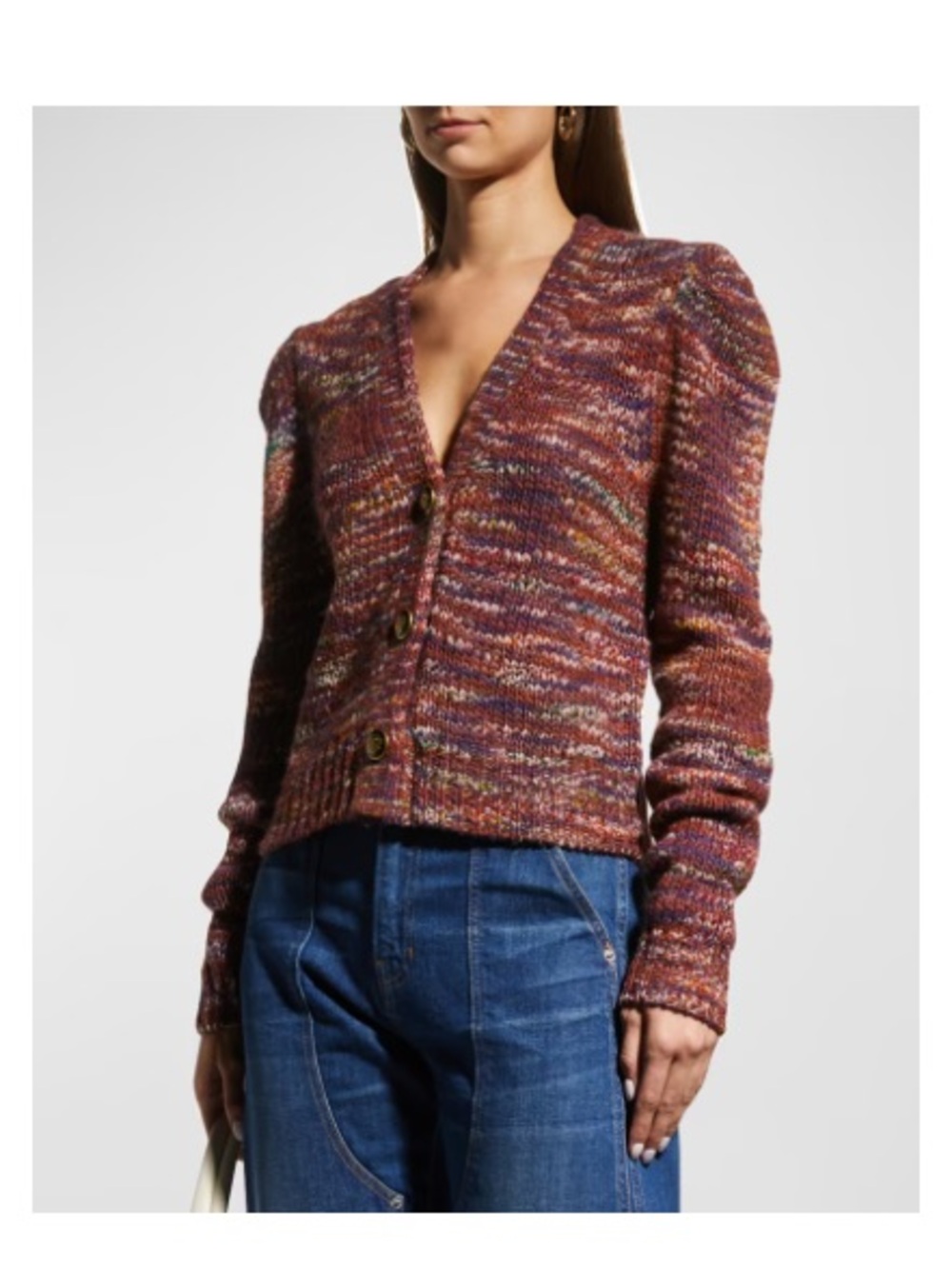 Veronica Beard Amos Cardigan Wool Blend Multicolor Puff Sleeve Marled Knit Med